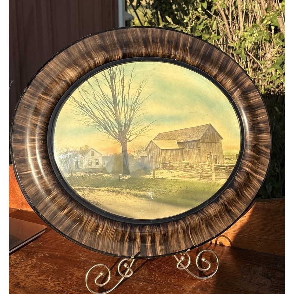 Antique Tiger Stripe Wood Oval Picture Frame Convex Bubble Glass Farm Moody Barn